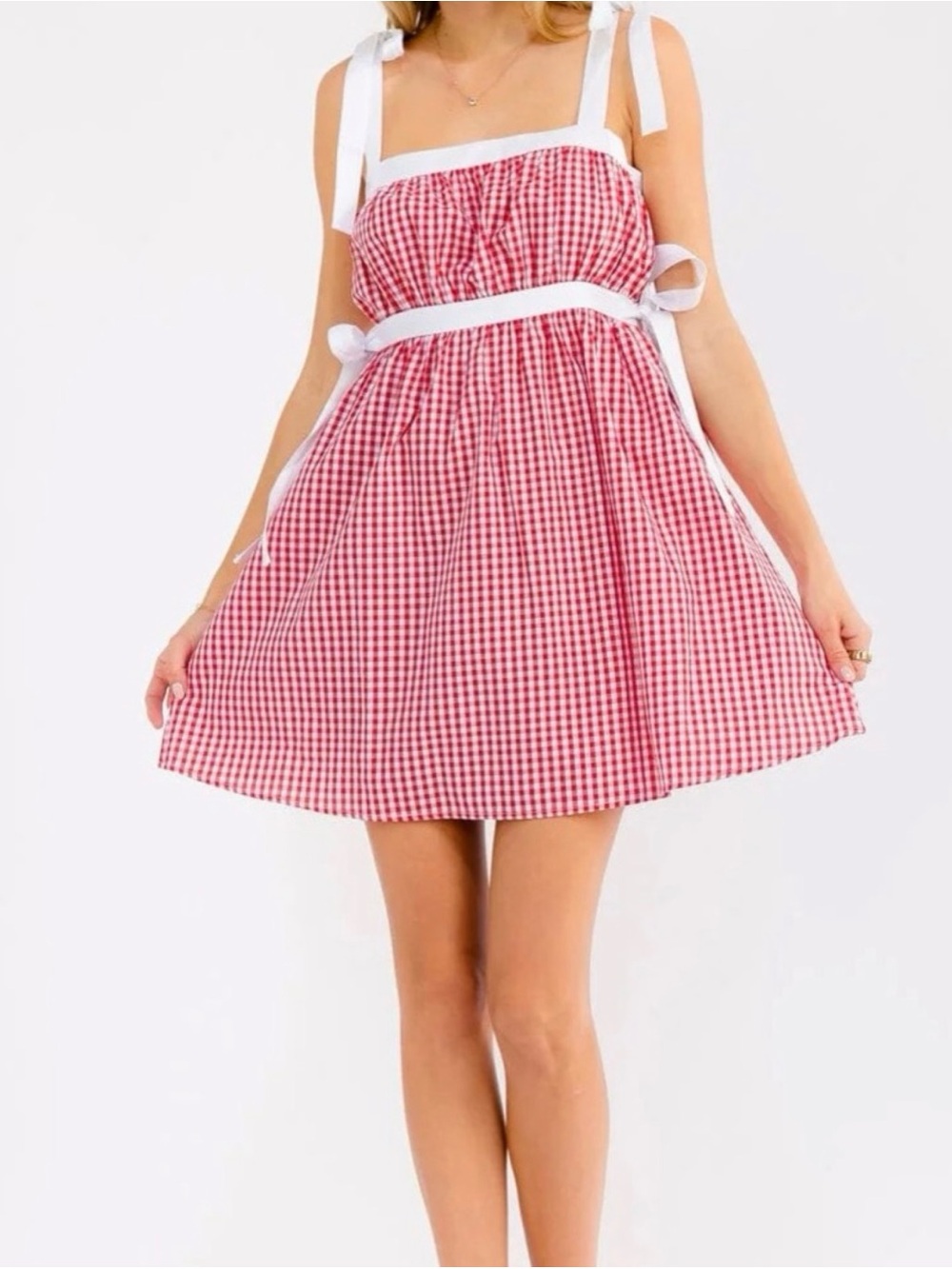 Red Gingham Tie-Shoulder Dress